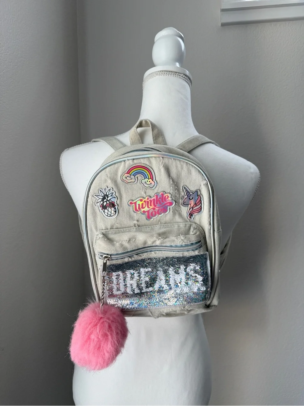 Sketchers Twinkle Toes Unicorn Mini Backpack with Pink Pom Pom and patches